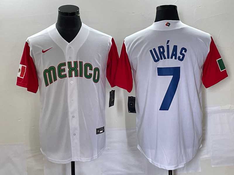 Mens Mexico Baseball #7 Julio Urias Number 2023 White Red World Classic Stitched Jersey6